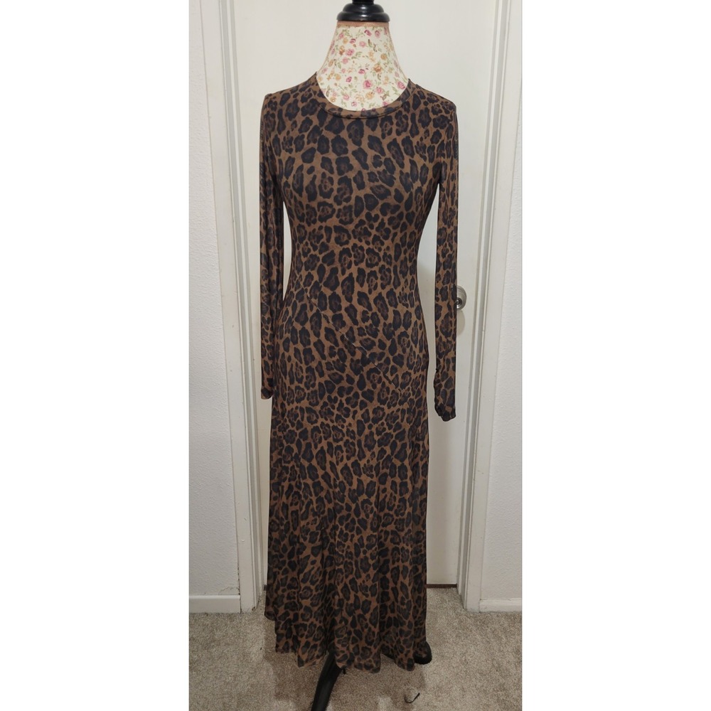 Rachel Zoe Women Leopard Animal Print Midi Maxi Dress Sheer Long Sleeve XS